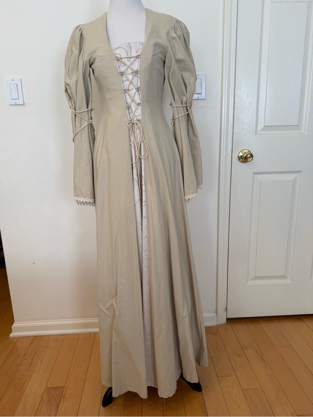 Excalibor Medieval inspired Lace-Up Long Sleeve Dress in Beige